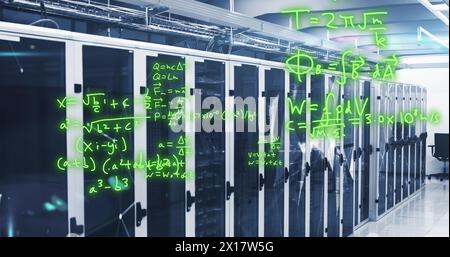 Image of mathematical equations and plexus networks against computer server room Stock Photo