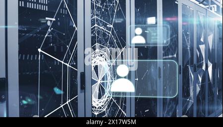 Image of profile icons, plexus networks and light spots against computer server room Stock Photo