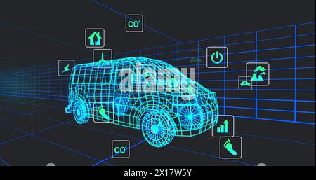 Image of multiple digital icons over 3d van model moving in seamless pattern in a tunnel Stock Photo
