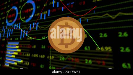 Image of bitcoin over financial data processing on black background Stock Photo