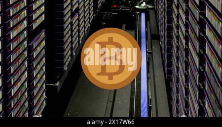 Image of bitcoin over server room Stock Photo