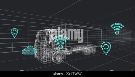 Image of multiple digital icons over 3d van model moving in seamless pattern in a tunnel Stock Photo