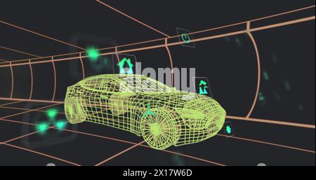 Image of multiple digital icons over 3d car model moving in seamless pattern in a tunnel Stock Photo