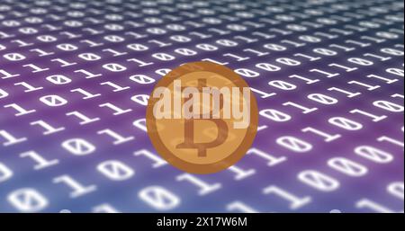 Image of bitcoin over binary coding Stock Photo