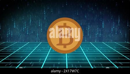 Image of bitcoin over binary coding on black background Stock Photo