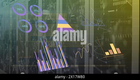 Image of interface with statistical data processing and plexus networks against server room Stock Photo