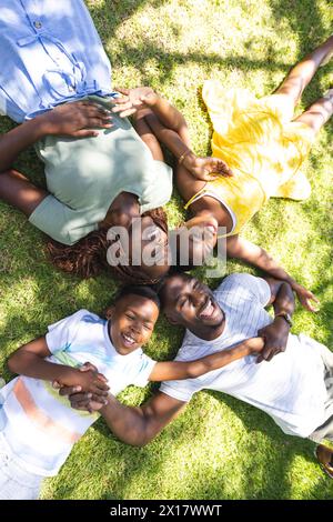 Family of African American people lying on grass, smiling at camera Stock Photo