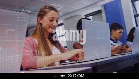 Image of trading board over caucasian teacher with multiracial students using laptops in class Stock Photo