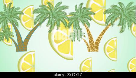 Image of lemon halves and palm trees on green background Stock Photo