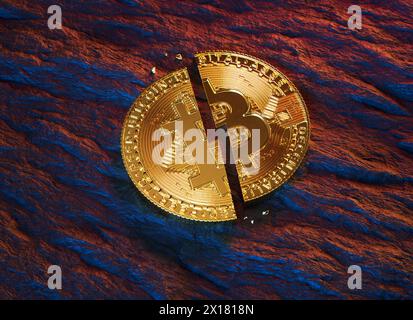 A golden Bitcoin coin split in half, concept of Halving, an event that occurs in btc approximately every four years and divides miners' rewards in hal Stock Photo