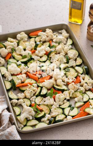 Variety of vegetables on a sheet pan ready to be roasted with fresh herbs and spices, cauliflower and carrots Stock Photo