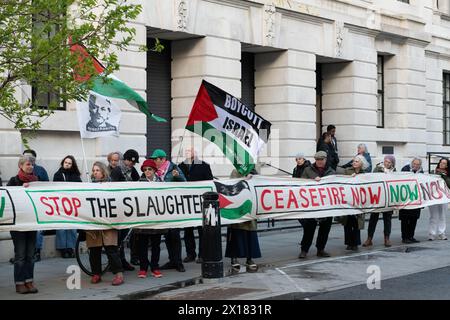 London, UK. 15 April, 2024. Palestine supporters call for an immediate ceasefire in Gaza and divestment from Israel at a rally outside the Labour-run Camden Town Hall, which sits in the Holborn and St Pancras constituency of Labour party leader Sir Keir Starmer. Credit: Ron Fassbender/Alamy Live News Stock Photo