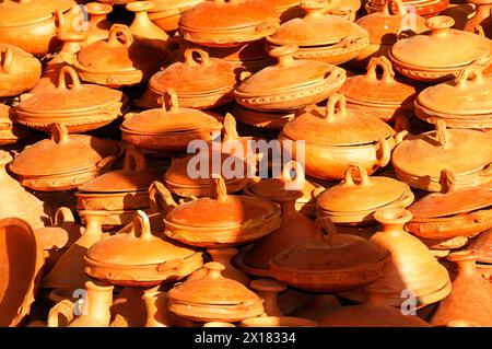 Chefchaouen, pile of terracotta pots at a traditional market, Chefchaouen, Morocco Stock Photo