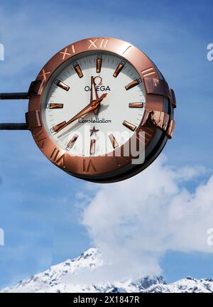 An Omega clock at Rotenboden Station on the Gornergrat railway line from Zermatt, Switzerland Stock Photo