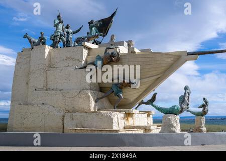 Monumento A Tripulantes Galeta Ancud, monument to the crew members of the schooner Ancud 1843 on the Strait of Magellan, Punta Arenas, city in Stock Photo