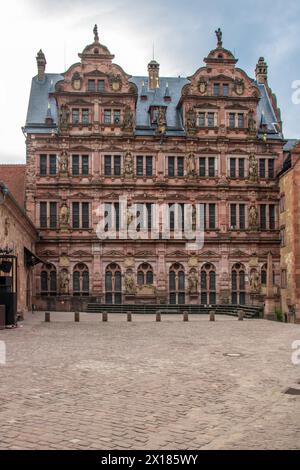 View of a castle or palace rune in the evening at sunset. This place is located in a river valley of the Neckar, surrounded by hills. Heidelberg Stock Photo