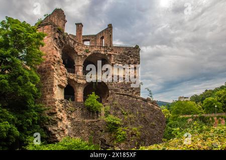 View of a castle or palace rune in the evening at sunset. This place is located in a river valley of the Neckar, surrounded by hills. Heidelberg Stock Photo