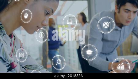 Image of digital icons against biracial woman using compass working on a model plan at office Stock Photo