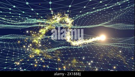 Image of digital fireworks moving over dots interconnecting with lines and forming net pattern Stock Photo