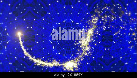 Image of digital firework moving over dots and lines forming kaleidoscope Stock Photo