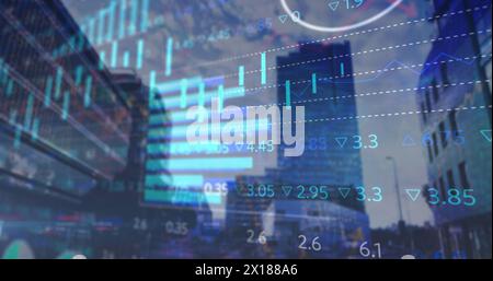 Image of data processing over cityscape Stock Photo