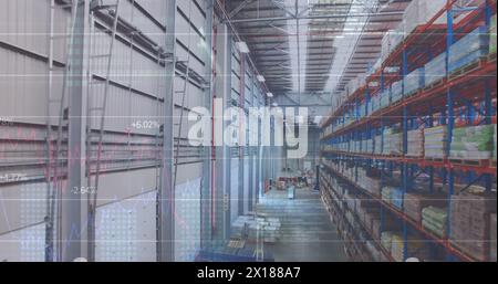 Image of statistics and data processing over warehouse Stock Photo