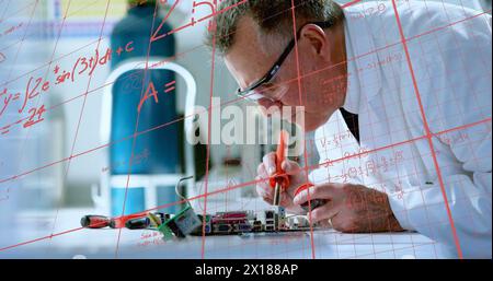 Image of mathematical equations over caucasian male scientist in lab Stock Photo