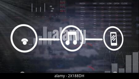 Image of network of digital icons over statistical data processing against grey background Stock Photo