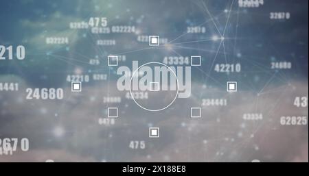 Image of multiple changing numbers over network of connections against clouds in the sky Stock Photo