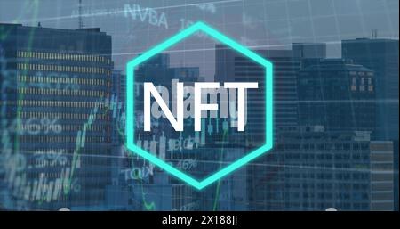 Image of stock market data processing and nft text banner against aerial view of cityscape Stock Photo
