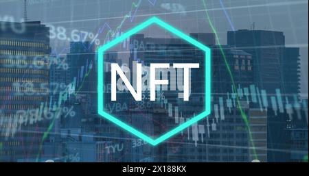 Image of stock market data processing and nft text banner against aerial view of cityscape Stock Photo