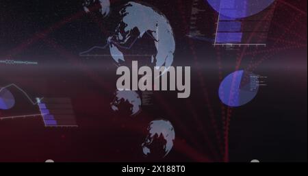 Image of globes, programming language, bar graph over red dots forming abstract pattern Stock Photo