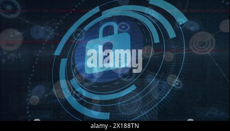 Padlock and scope over network of connections Stock Photo