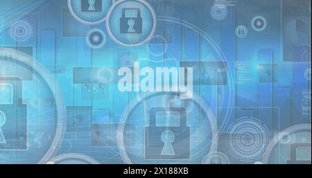 Image of data processing and statistics over blue background Stock Photo