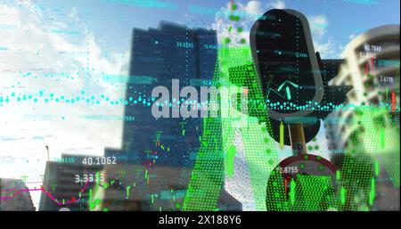 Image of data processing over cityscape Stock Photo