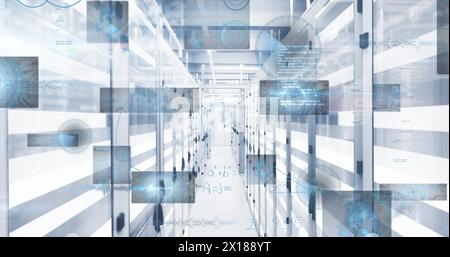 Image of digital data processing over server room Stock Photo