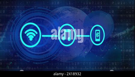 Image of tech icons, graph, globe and binary code on dark background Stock Photo
