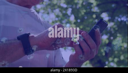 Image of data processing over caucasian man with smartphone Stock Photo