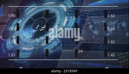 Image of processing circle, graphs and financial data on digital screen Stock Photo