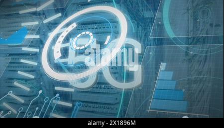 Image of 5g text, radar, circles, bar graph and programming language over server rack Stock Photo