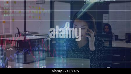 Image of binary codes, graphs, numbers, programming language, asian woman talking on cellphone Stock Photo