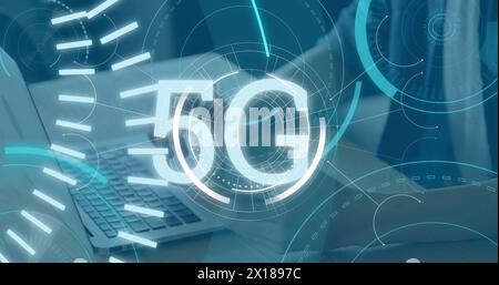 Image of 5g text with radars and circles over cropped hands of caucasian man using smartphone Stock Photo