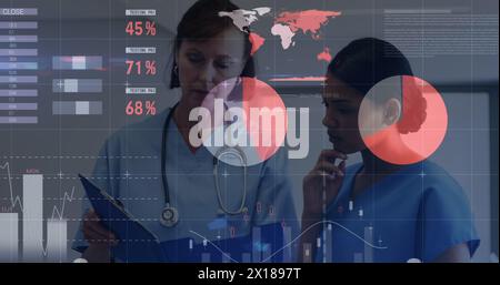 Image of statistics and data processing over diverse doctors Stock Photo
