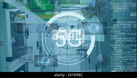 Image of 5g text in circle, radar and programming language over server room Stock Photo