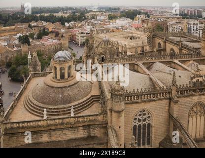 High angle view of The Cathedral of Saint Mary of the See or Seville Cathedral and city skyline from the tower, Seville, Spain Stock Photo