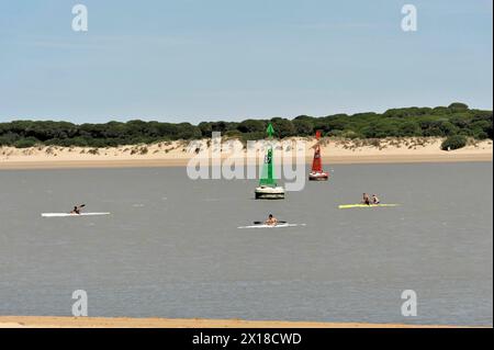 Guadalquivir, people paddling in small boats on a river with sandy shore in the background, Andalusia, Spain Stock Photo