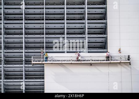 Construction of a high-bay warehouse, storage system for high space utilization, in steel construction, NRW, Germany, Stock Photo