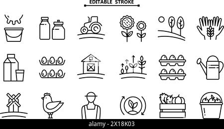 Farm, agriculture icon set. Cultivating plants and livestock, farming, linear icons. Editable stroke, Outline set of farmer vector icons for web desig Stock Vector