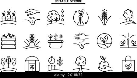 Gardening Related Vector Line Icons Set. Editable Stroke. Contains such Icons as Auto Watering, Seeding, Greenhouse and more. Vector illustration isol Stock Vector