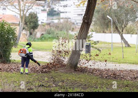 A woman worker is blowing leaves off a tree with a leaf blower Stock Photo